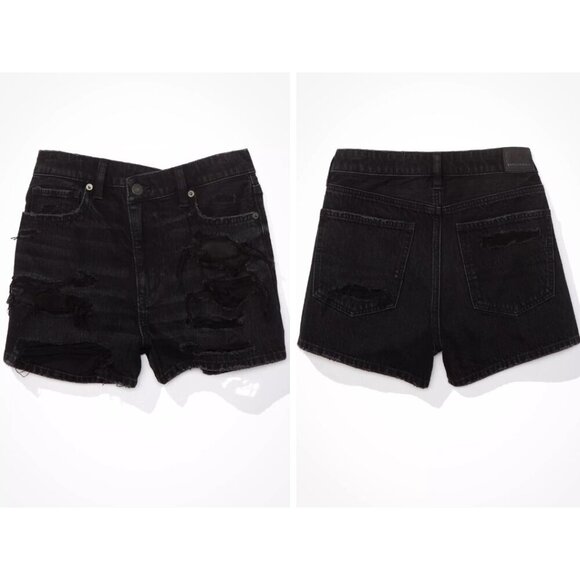 NWT AE | Asymmetrical Waist Distressed Denim Mom Short in Black - Picture 15 of 15